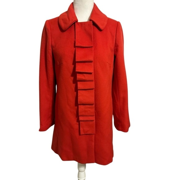 J.Crew Ribbon Script Ruffle 100% Wool Car Coat Jacket Size 2 Red Preppy Artsy - Picture 1 of 10